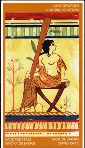 Queen of Wands card from the Etruscan Tarot deck by Silvana Alasia