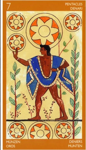 Seven of Pentacles card from the Etruscan Tarot deck by Silvana Alasia
