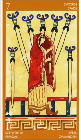 Seven of Swords card from the Etruscan Tarot deck by Silvana Alasia