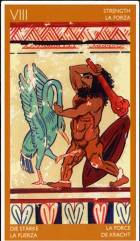 Strength card from the Etruscan Tarot deck by Silvana Alasia