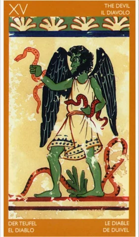 The Devil card from the Etruscan Tarot deck by Silvana Alasia