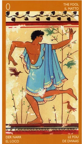The Fool card from the Etruscan Tarot deck by Silvana Alasia