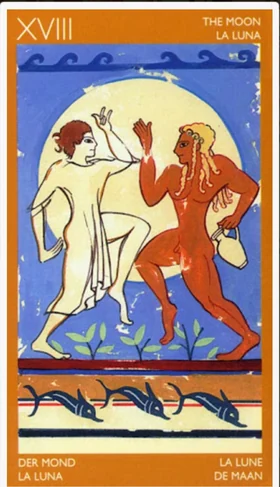 The Moon card from the Etruscan Tarot deck by Silvana Alasia