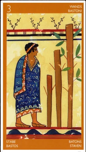 Three of Wands card from the Etruscan Tarot deck by Silvana Alasia