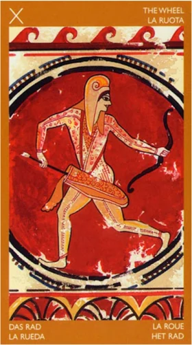 Wheel of Fortune card from the Etruscan Tarot deck by Silvana Alasia