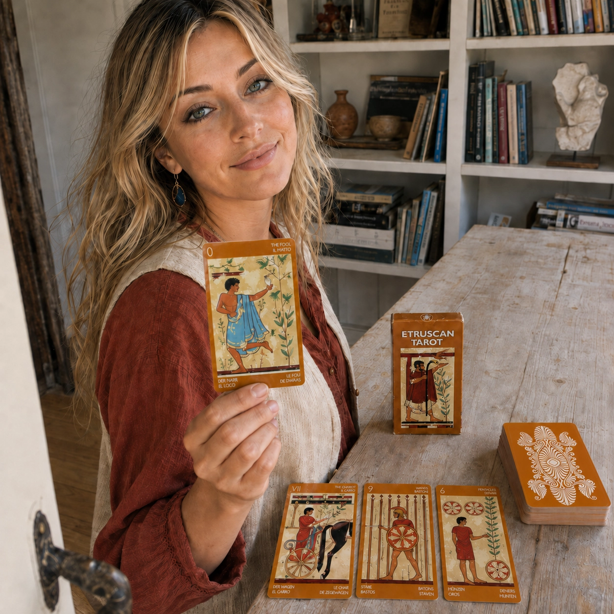 Aurica presenting The Fool from Etruscan Tarot beside the exact deck box, a three-card spread and the stacked deck