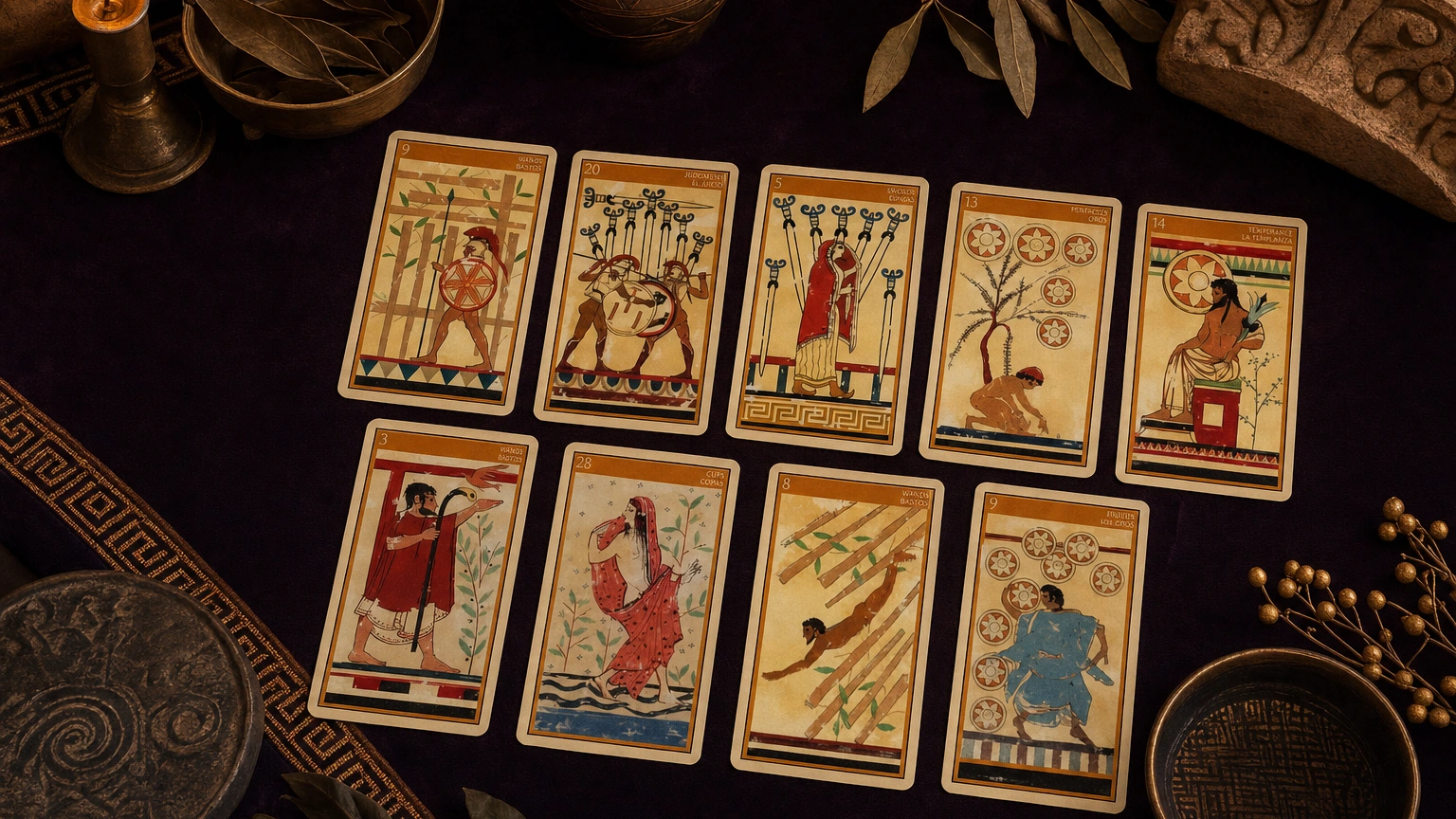 Etruscan Tarot cards arranged on a dark cloth with classical Mediterranean objects