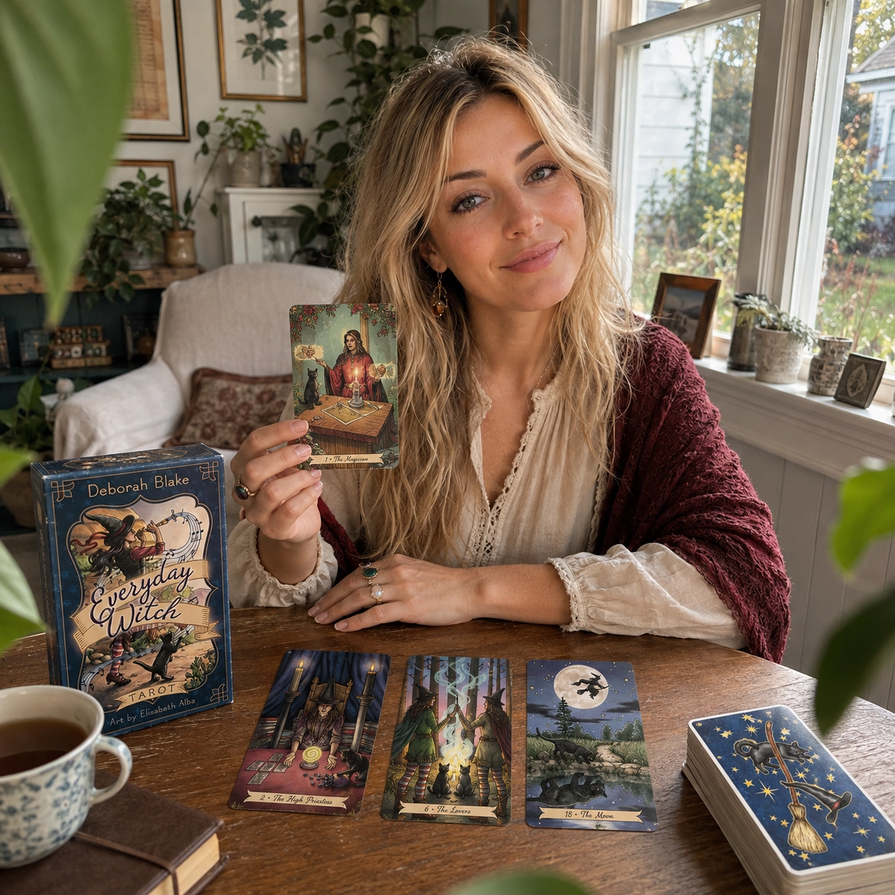 Aurica presenting The Magician from Everyday Witch Tarot beside The High Priestess, The Lovers, The Moon, the deck box, and stacked cards