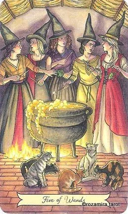 Everyday Witch Tarot Review 11 5 of Wands card from the Everyday Witch Tarot deck