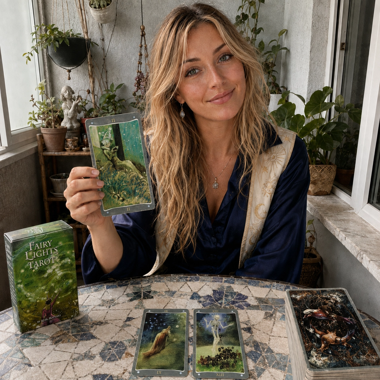 Aurica holding the High Priestess from Fairy Lights Tarot beside its box, the Hermit and Death spread, and the stacked deck