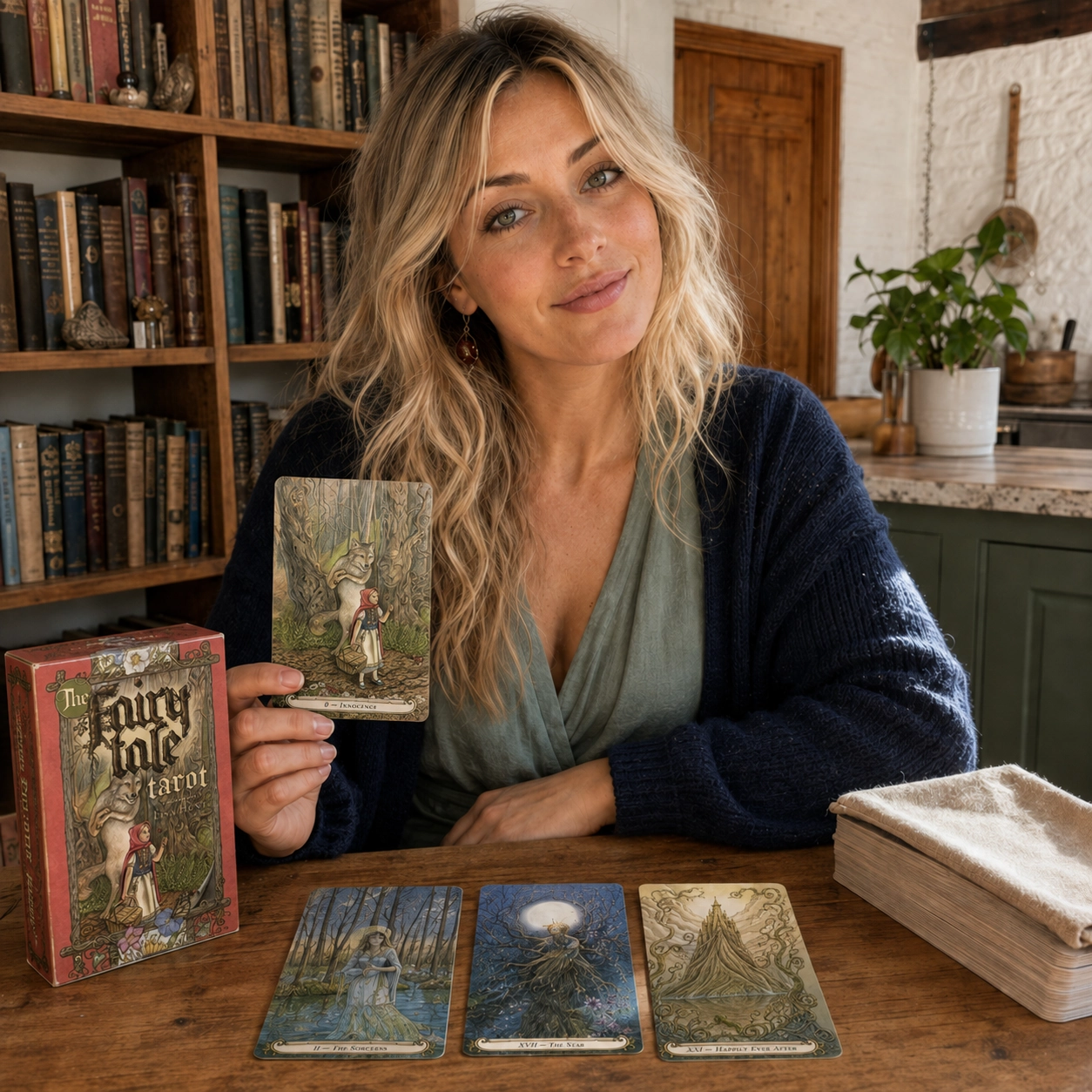 Aurica holding the Innocence card from The Fairy Tale Tarot by Lisa Hunt beside its box, face-up spread and stacked deck