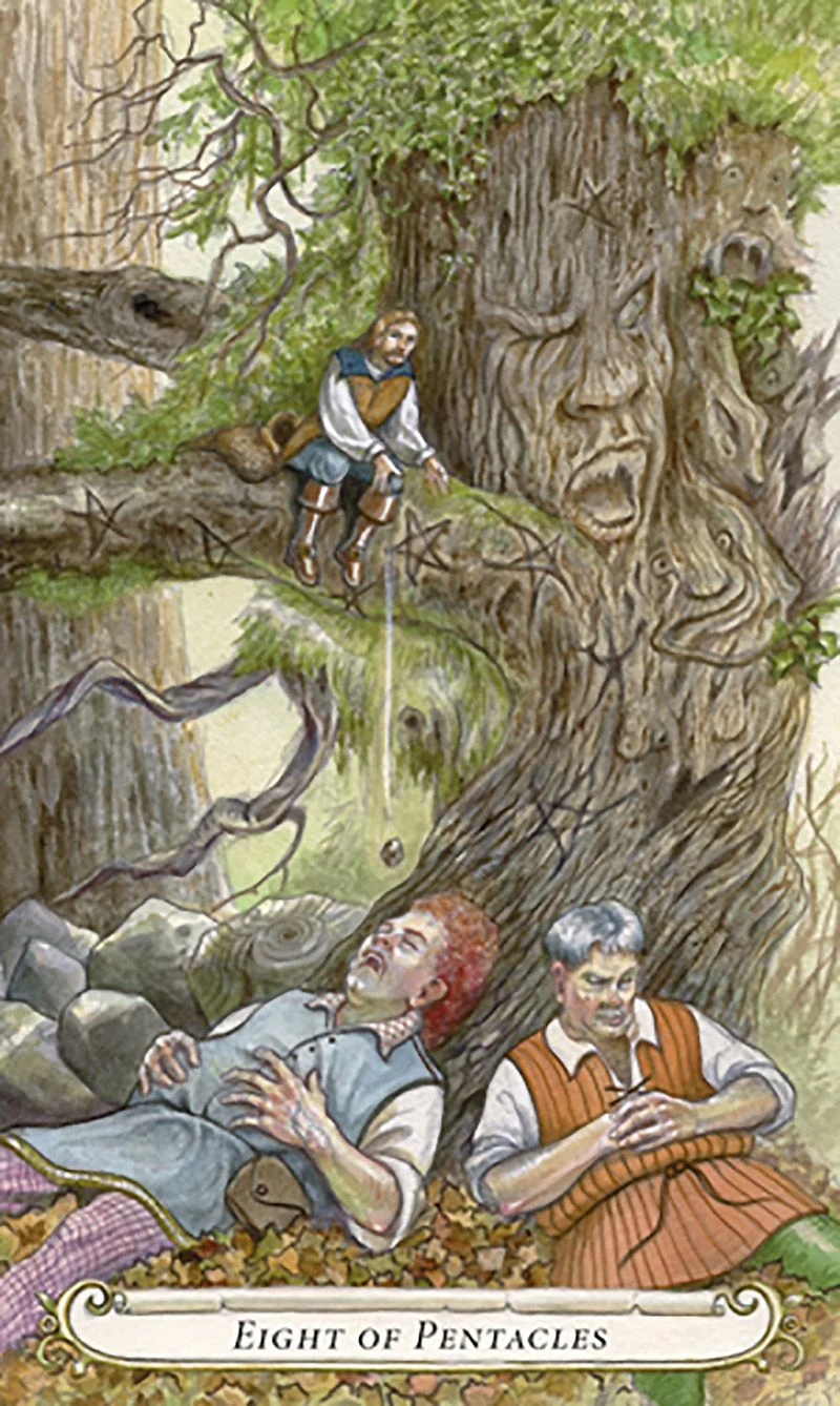 Eight of Pentacles card from The Fairy Tale Tarot by Lisa Hunt