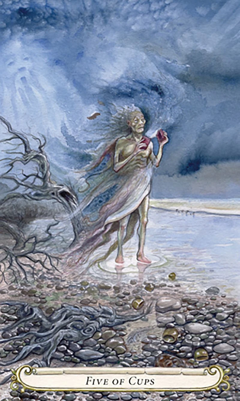 Five of Cups card from The Fairy Tale Tarot by Lisa Hunt