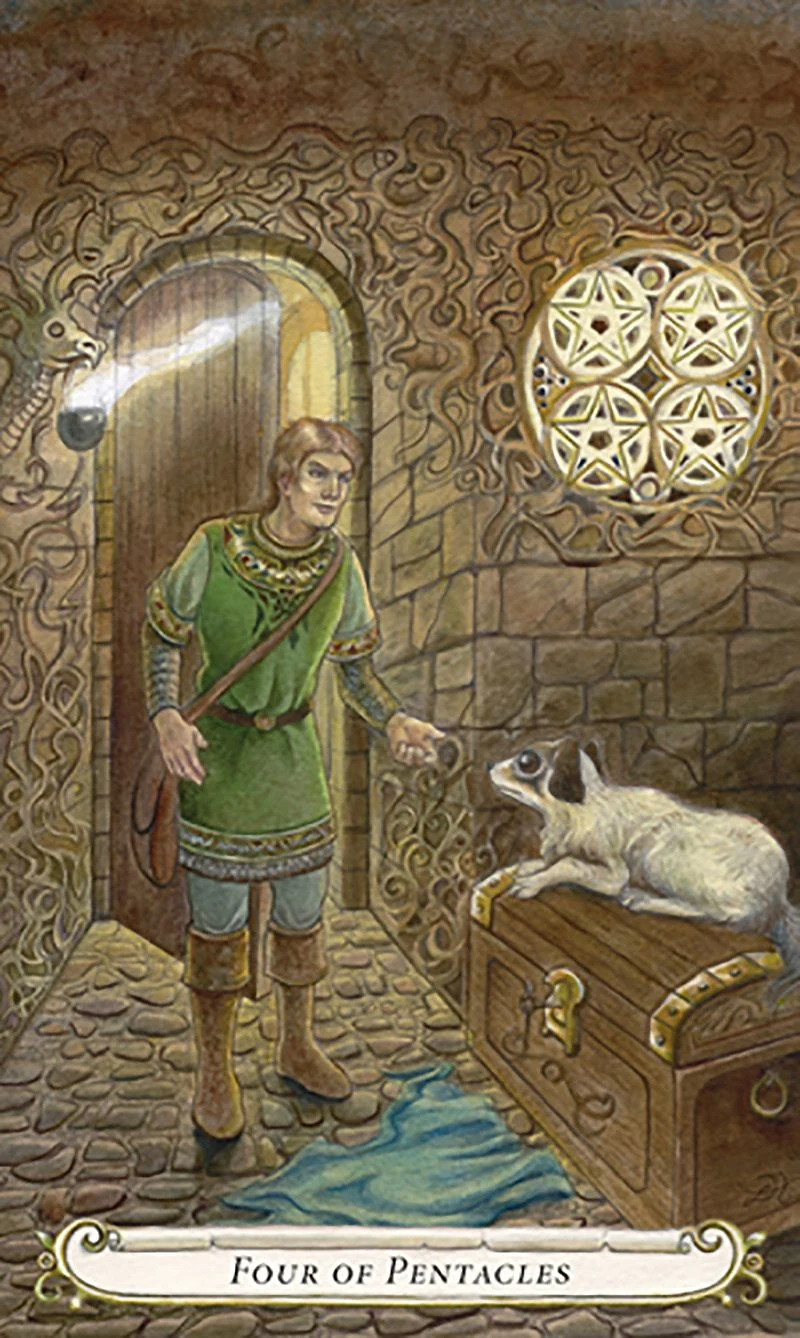 Four of Pentacles card from The Fairy Tale Tarot by Lisa Hunt