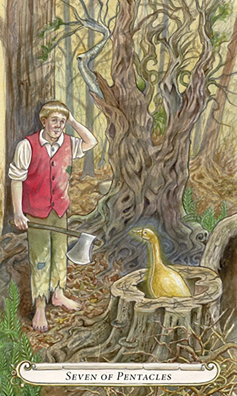 Seven of Pentacles card from The Fairy Tale Tarot by Lisa Hunt