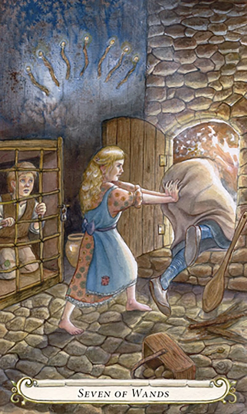 Seven of Wands card from The Fairy Tale Tarot by Lisa Hunt