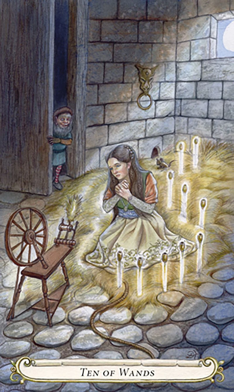 Ten of Wands card from The Fairy Tale Tarot by Lisa Hunt