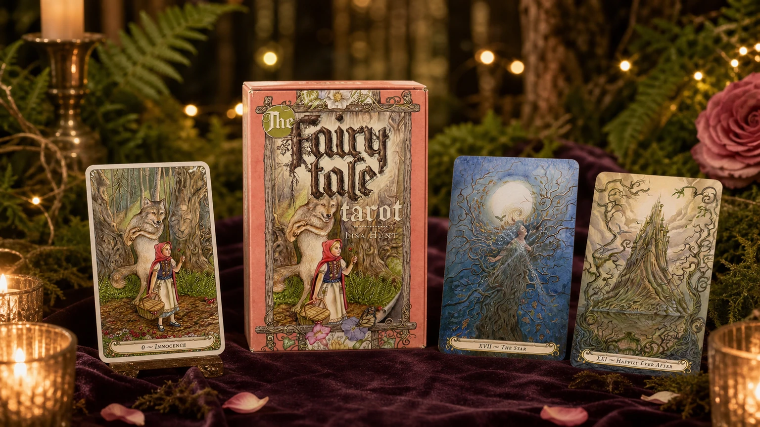 The Fairy Tale Tarot by Lisa Hunt box with Innocence, The Star, and Happily Ever After cards in an enchanted woodland reading scene