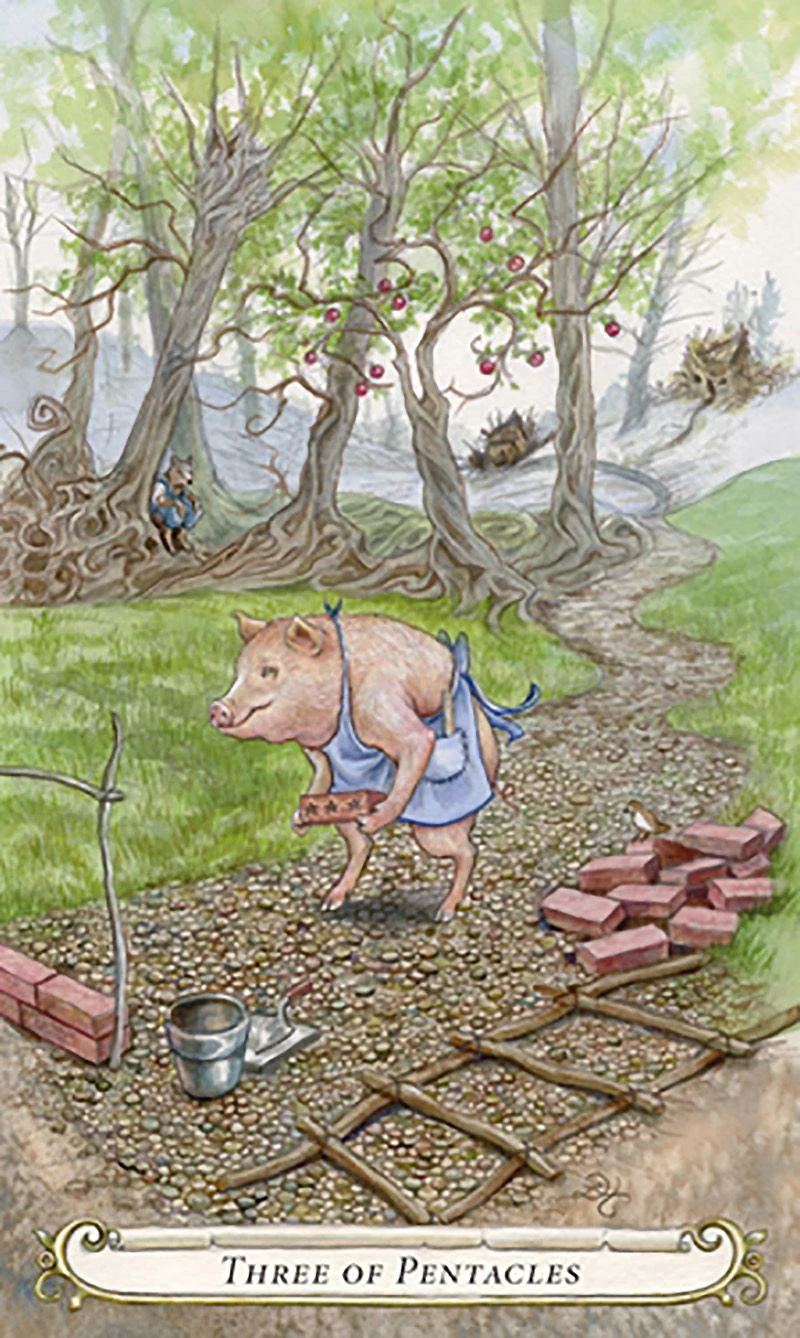 Three of Pentacles card from The Fairy Tale Tarot by Lisa Hunt