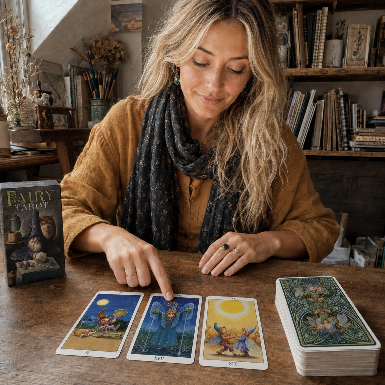 Aurica reading Fairy Tarot by Antonio Lupatelli and Pietro Alligo beside the exact box, three face-up cards, and stacked deck