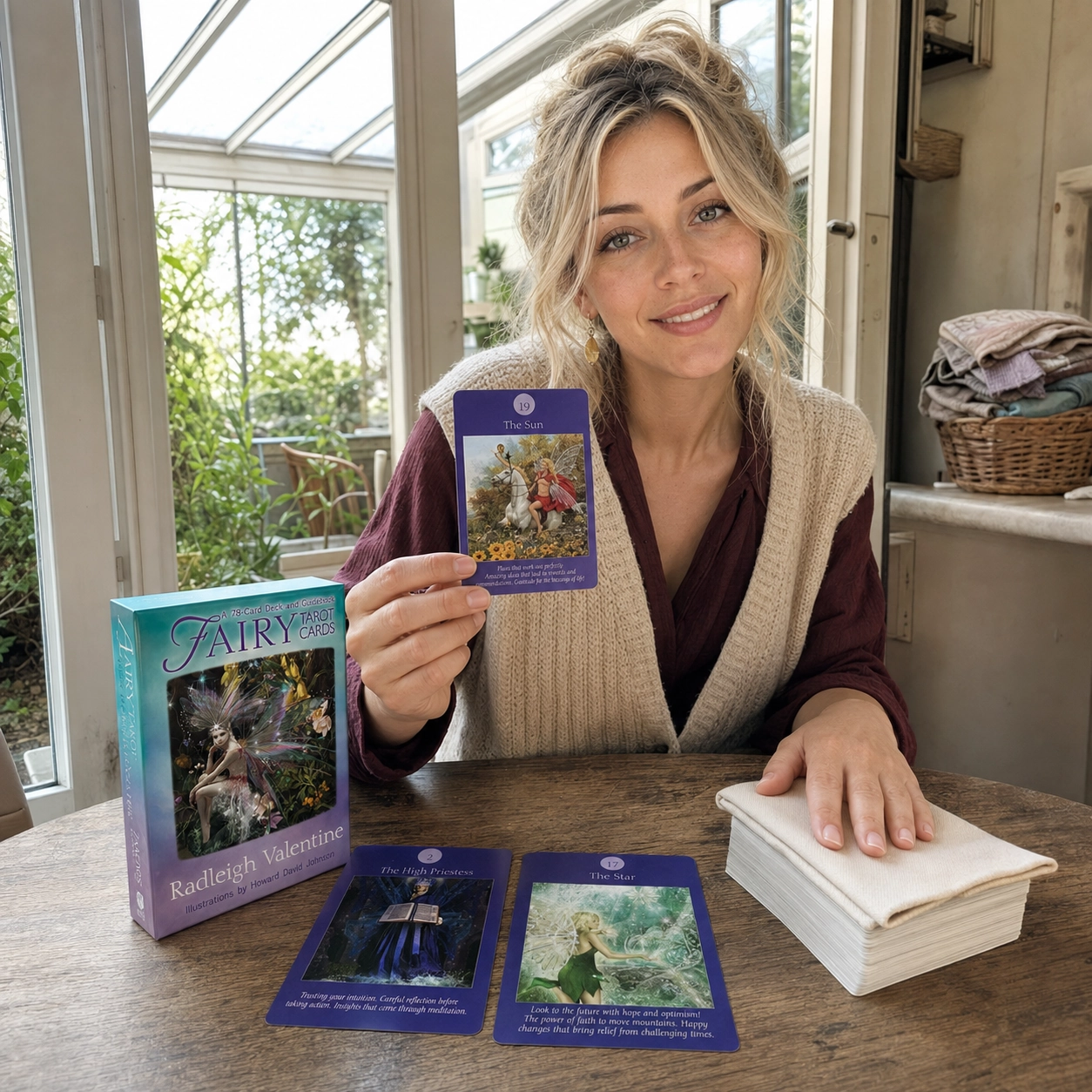 Aurica presenting The Sun beside the Fairy Tarot Cards box, The High Priestess and The Star, and the stacked deck