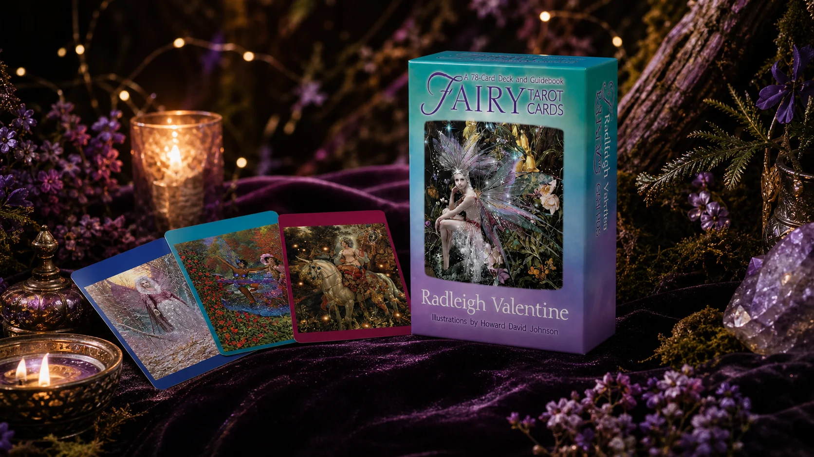 Fairy Tarot deck box and cards in an enchanted plum-and-gold woodland setting