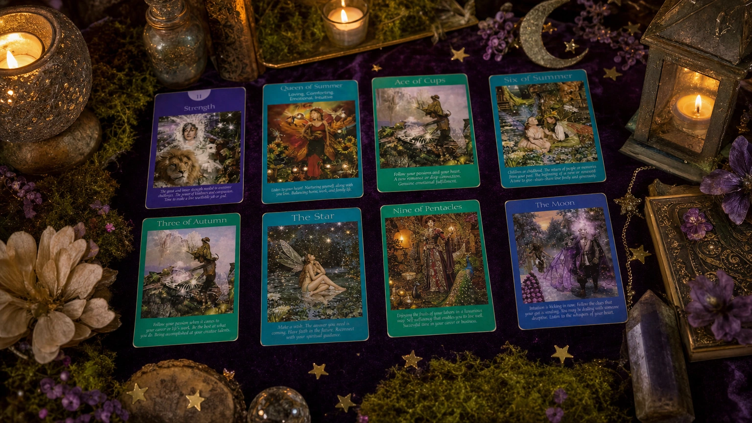 Fairy Tarot woodland tabletop card reading scene