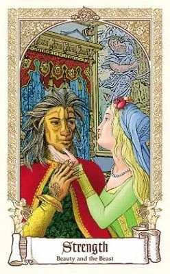 Strength — Beauty and the Beast card from The Fairytale Tarot by Karen Mahony, Alex Ukolov and Irena Triskova