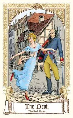 The Devil — The Red Shoes card from The Fairytale Tarot by Karen Mahony, Alex Ukolov and Irena Triskova
