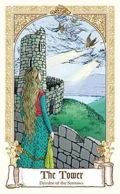 The Tower — Deirdre of the Sorrows card from The Fairytale Tarot by Karen Mahony, Alex Ukolov and Irena Triskova