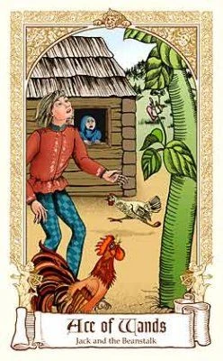 Ace of Wands — Jack and the Beanstalk card from The Fairytale Tarot by Karen Mahony, Alex Ukolov and Irena Triskova