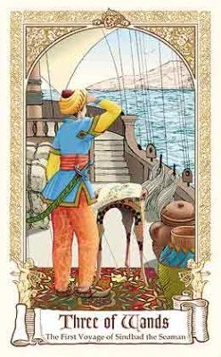 Three of Wands — The First Voyage of Sindbad the Seaman card from The Fairytale Tarot by Karen Mahony, Alex Ukolov and Irena Triskova