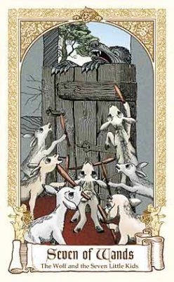 Seven of Wands — The Wolf and the Seven Little Kids card from The Fairytale Tarot by Karen Mahony, Alex Ukolov and Irena Triskova