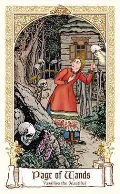 Page of Wands — Vassilisa the Beautiful card from The Fairytale Tarot by Karen Mahony, Alex Ukolov and Irena Triskova