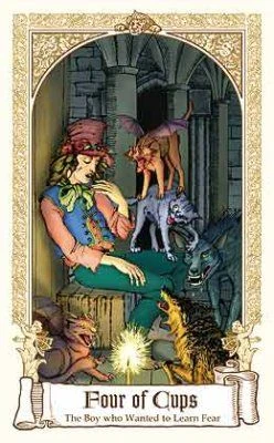 Four of Cups — The Boy Who Wanted to Learn Fear card from The Fairytale Tarot by Karen Mahony, Alex Ukolov and Irena Triskova