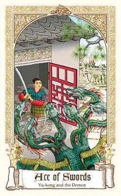 Ace of Swords — Yu-kong and the Demon card from The Fairytale Tarot by Karen Mahony, Alex Ukolov and Irena Triskova