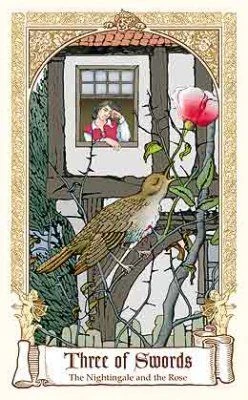 Three of Swords — The Nightingale and the Rose card from The Fairytale Tarot by Karen Mahony, Alex Ukolov and Irena Triskova