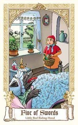 Five of Swords — Little Red Riding Hood card from The Fairytale Tarot by Karen Mahony, Alex Ukolov and Irena Triskova