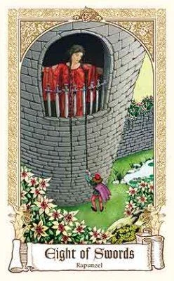 The Fairytale Tarot Review 89 Eight of Swords — Rapunzel card from The Fairytale Tarot
