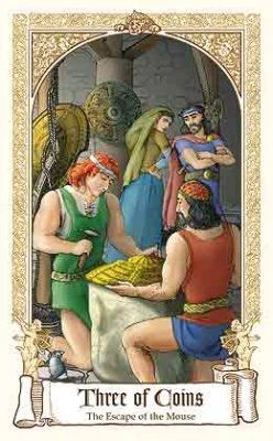 Three of Coins — The Escape of the Mouse card from The Fairytale Tarot by Karen Mahony, Alex Ukolov and Irena Triskova