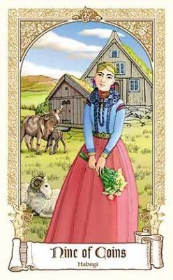Nine of Coins — Habogi card from The Fairytale Tarot by Karen Mahony, Alex Ukolov and Irena Triskova
