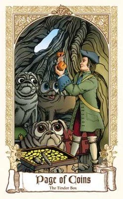 Page of Coins — The Tinder Box card from The Fairytale Tarot by Karen Mahony, Alex Ukolov and Irena Triskova