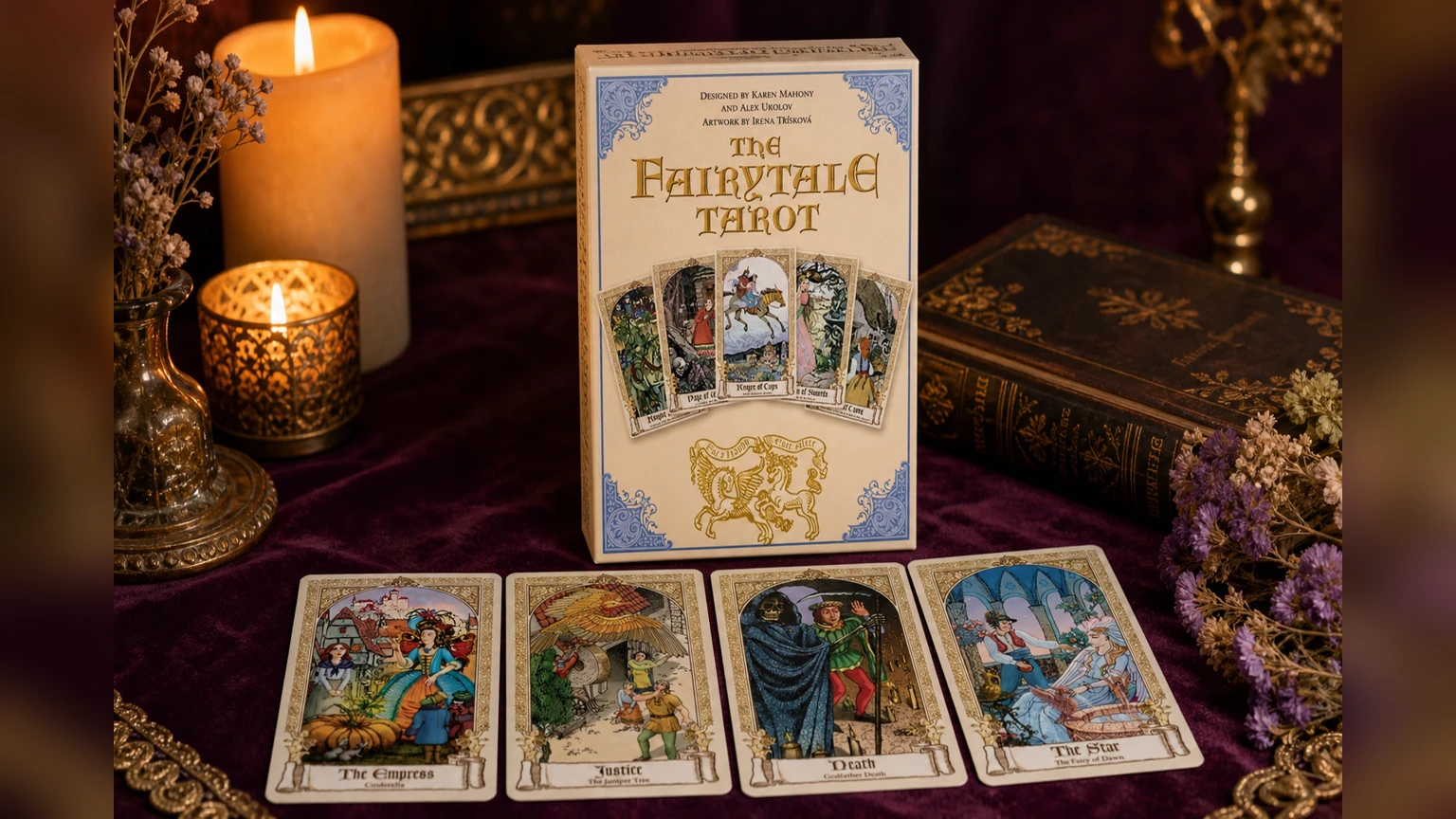 The Fairytale Tarot Review 94 The Fairytale Tarot product box with The Empress, Justice, Death, and The Star cards in a candlelit storybook reading scene