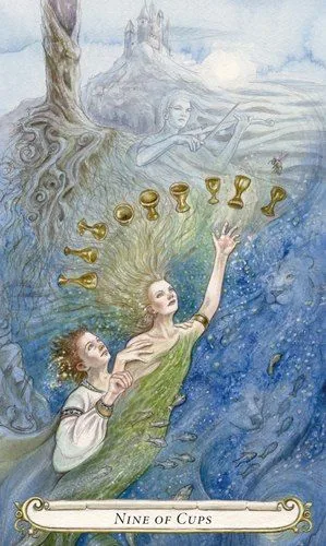 Nine of Cups card from the Fairy Tale Tarot by Lisa Hunt deck