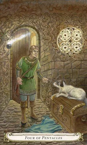 Four of Pentacles card from the Fairy Tale Tarot by Lisa Hunt deck