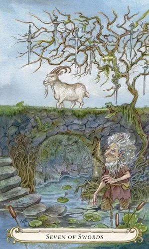 Seven of Swords card from the Fairy Tale Tarot by Lisa Hunt deck