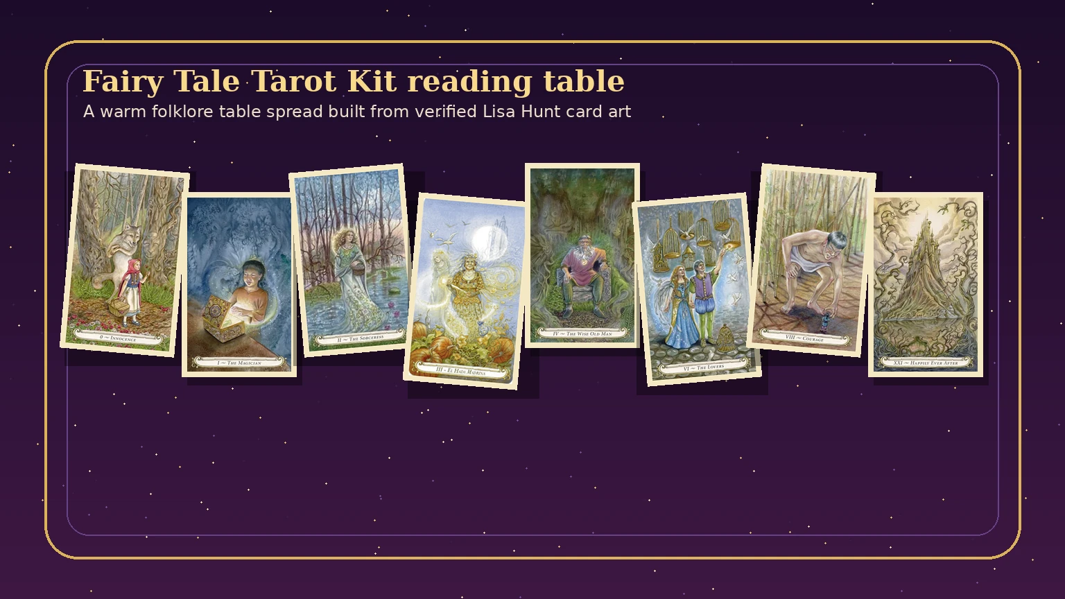 Fairy Tale Tarot Kit tabletop card reading scene Fairy Tale Tarot Kit by Lisa Hunt tabletop reading scene with verified cards