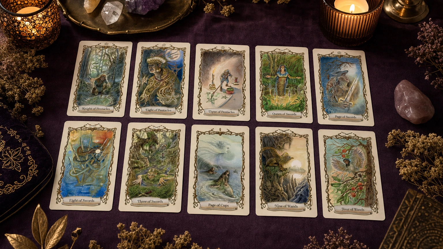Fantastical Creatures Tarot cards arranged for a mythic table reading