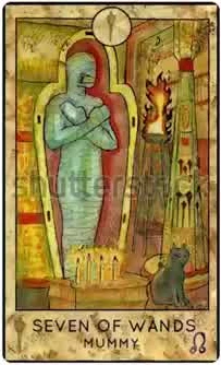 Seven of Wands — Mummy card from the Fantasy Creatures Tarot deck
