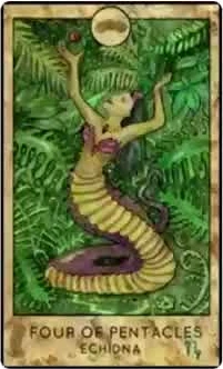 Four of Pentacles — Echidna card from the Fantasy Creatures Tarot deck